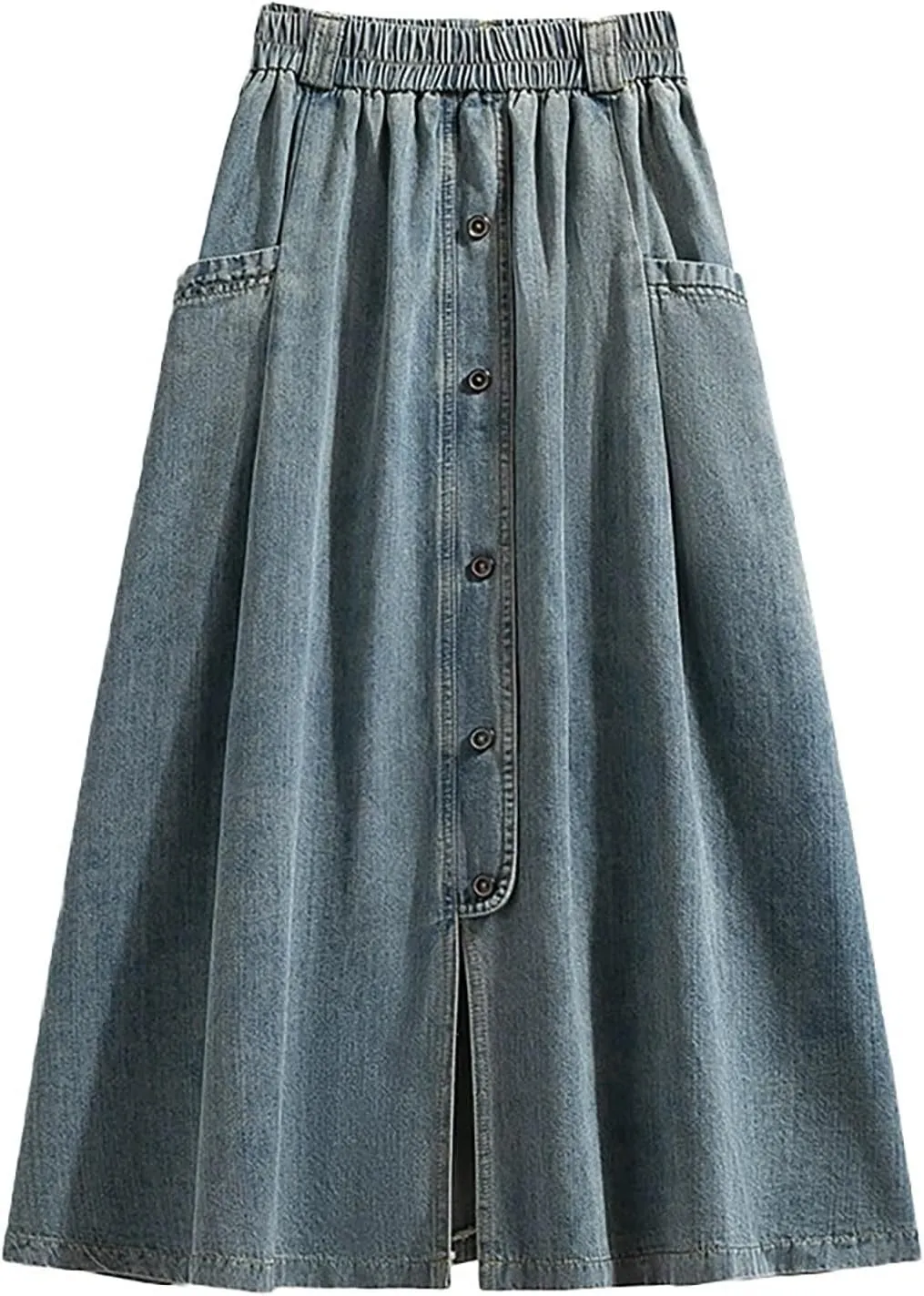 Womens Vintage Button Front Denim Skirt Elastic Waist A-Line Midi Long Flowy Pleated Jean Skirt with Pockets