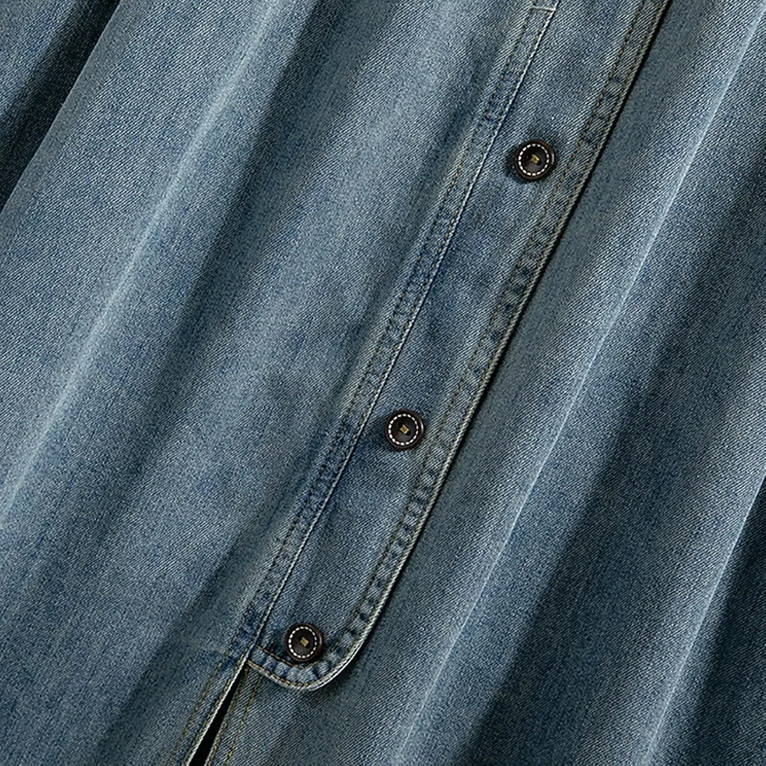 Womens Vintage Button Front Denim Skirt Elastic Waist A-Line Midi Long Flowy Pleated Jean Skirt with Pockets