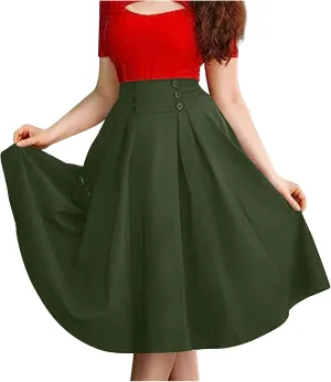 Women's Vintage Pleated Midi Skirt High Waist Button Front 50S 60S Flared A-Line Swing Flowy Skirt with Pockets