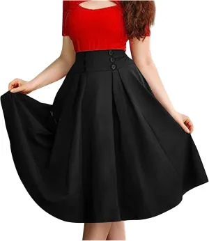 Women's Vintage Pleated Midi Skirt High Waist Button Front 50S 60S Flared A-Line Swing Flowy Skirt with Pockets