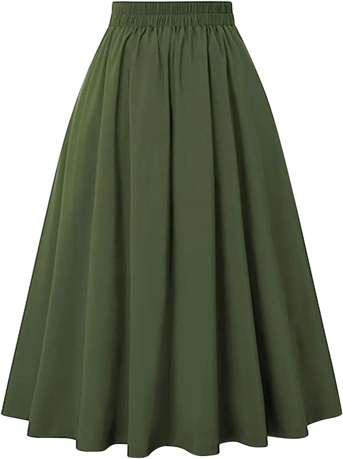 Women's Vintage Pleated Midi Skirt High Waist Button Front 50S 60S Flared A-Line Swing Flowy Skirt with Pockets