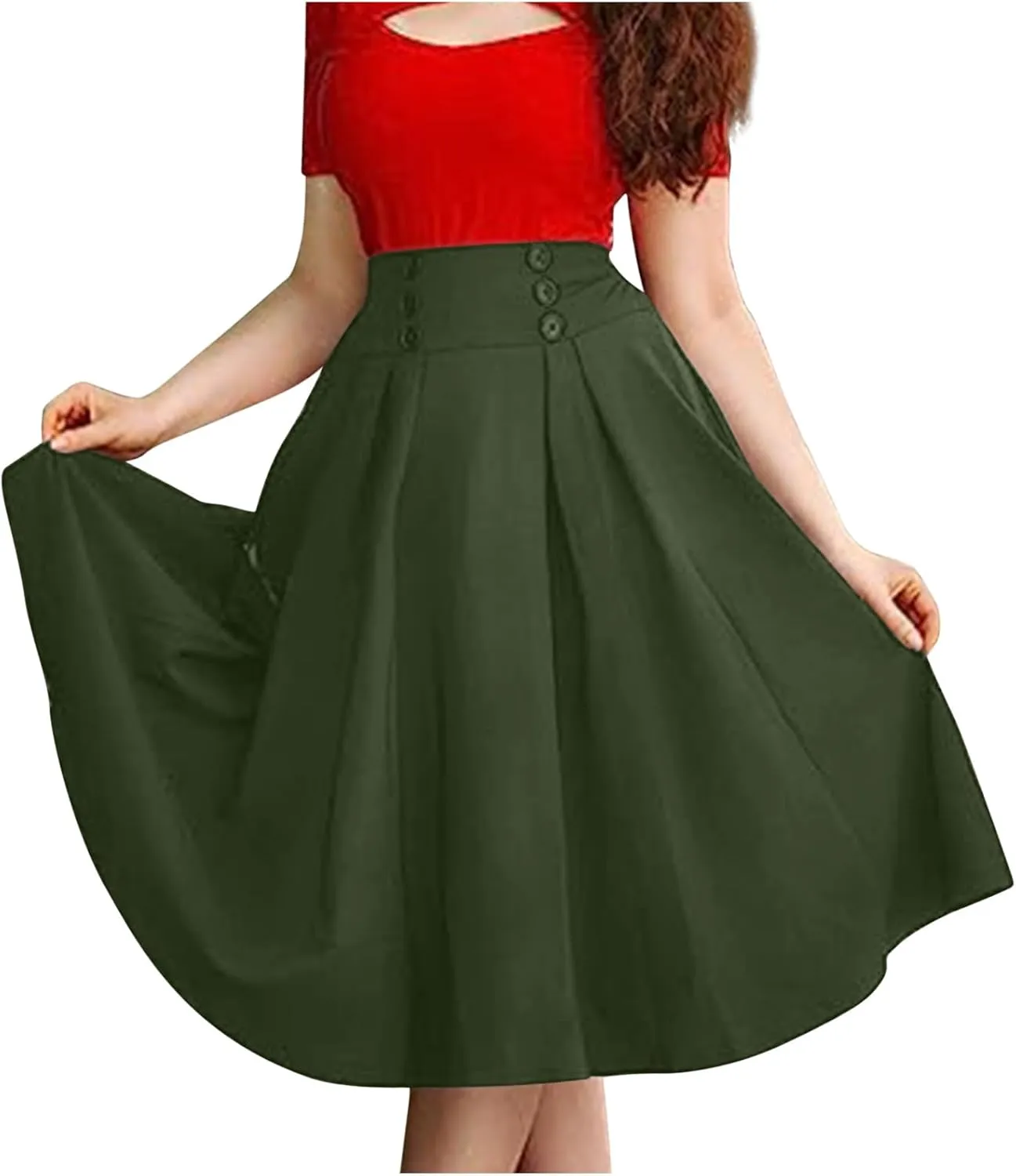 Women's Vintage Pleated Midi Skirt High Waist Button Front 50S 60S Flared A-Line Swing Flowy Skirt with Pockets
