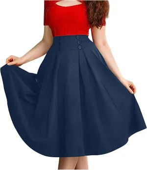 Women's Vintage Pleated Midi Skirt High Waist Button Front 50S 60S Flared A-Line Swing Flowy Skirt with Pockets