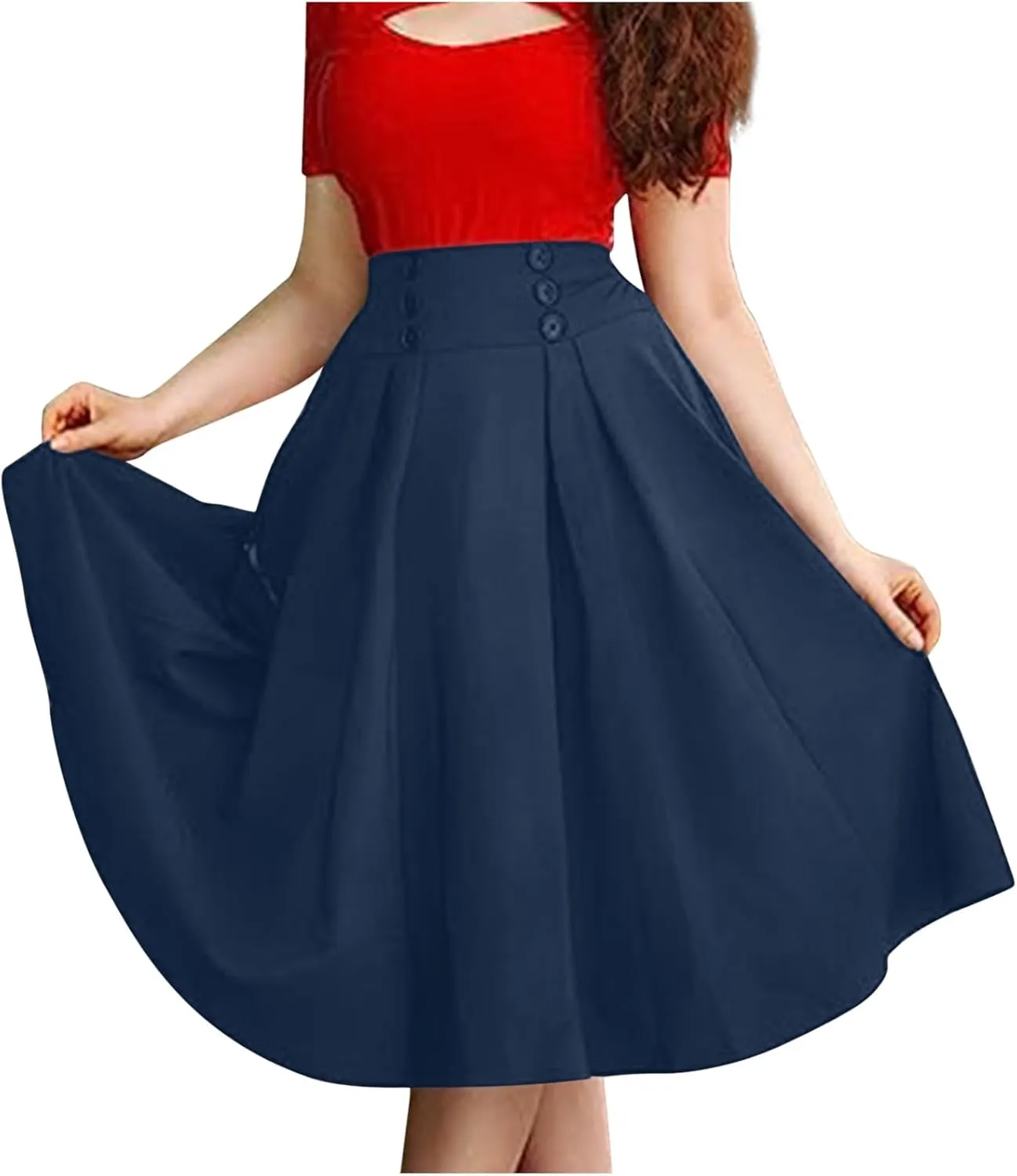 Women's Vintage Pleated Midi Skirt High Waist Button Front 50S 60S Flared A-Line Swing Flowy Skirt with Pockets