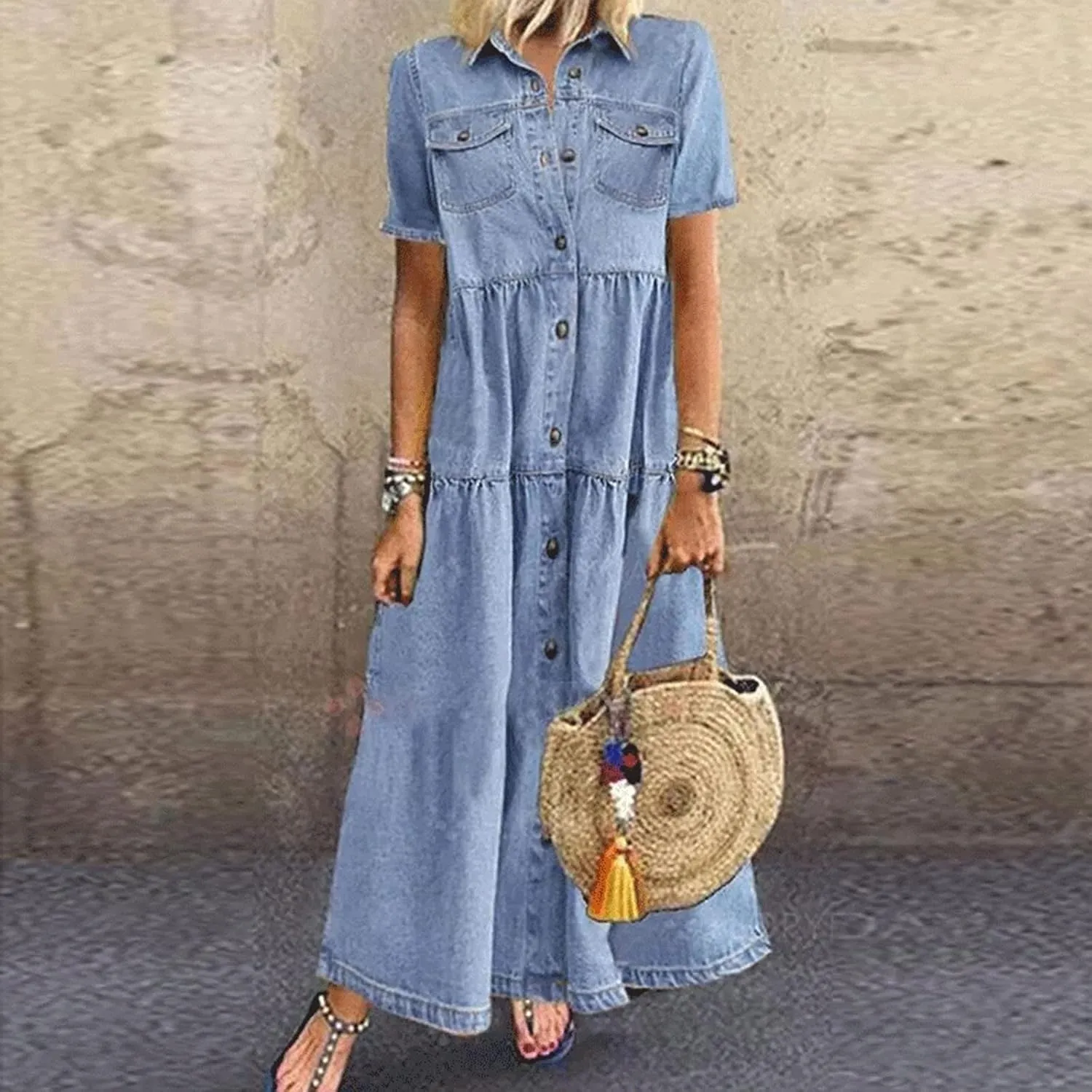 Women's Vintage Short Sleeve Blue Jean Shirt Dress Button Up Denim Dress Summer Jean Shirt Dress Flowy Fall Long Dress
