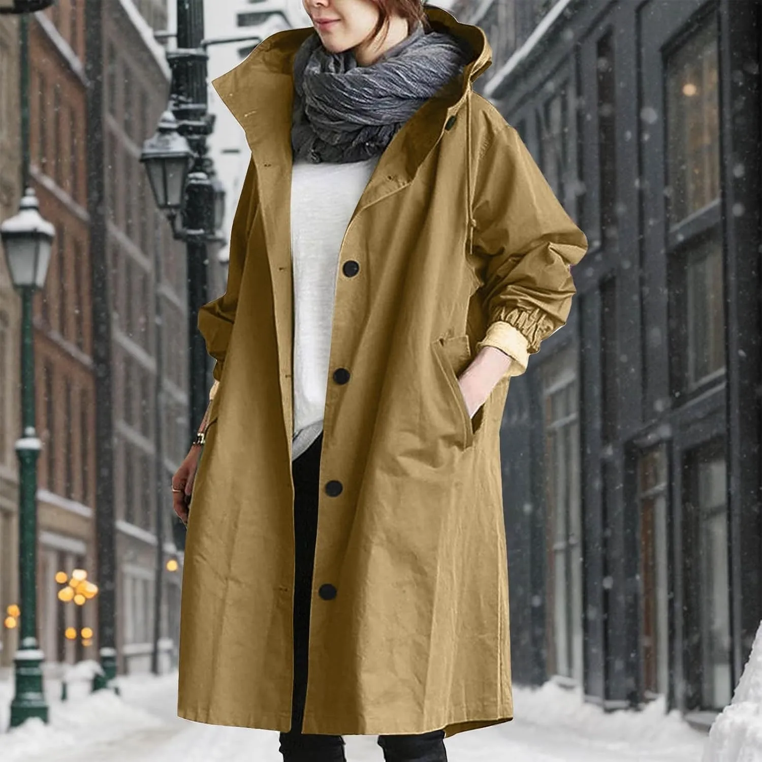 Women's Winter Wool Mid-Long Coat Notch Lapel Single-Breasted Trench Coat Outwear