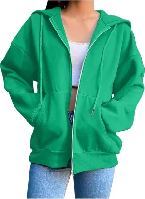 Women's Zip Up Hoodies Casual Fall Fashion Oversized Sweatshirts Y2K Teen Girl Cute Long Sleeve Jackets with Pockets