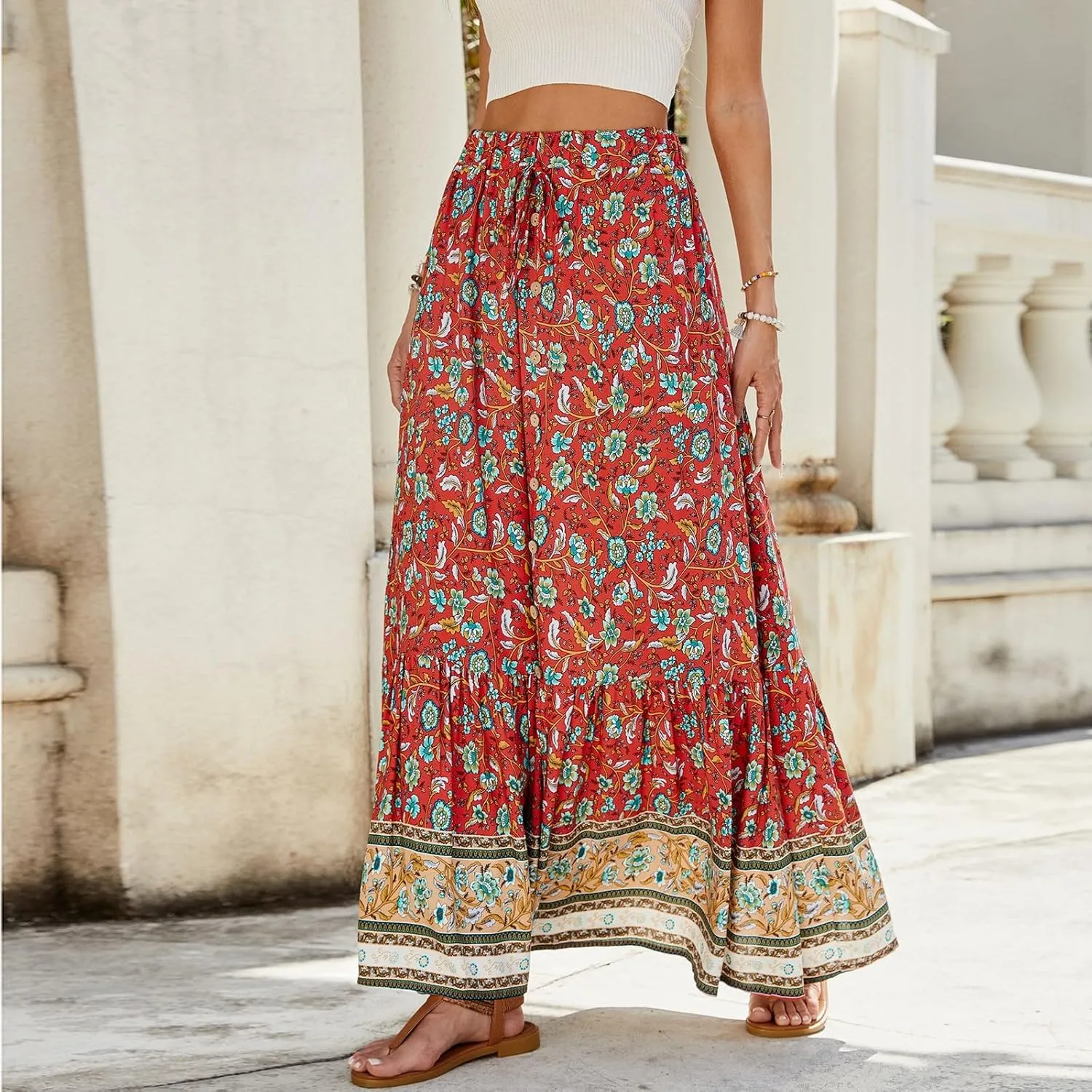 Wrap Skirt, Flowy Maxi Skirts for Women 2025 Trendy Drawstring Tiered Long Boho Skirt Spring Summer Sexy