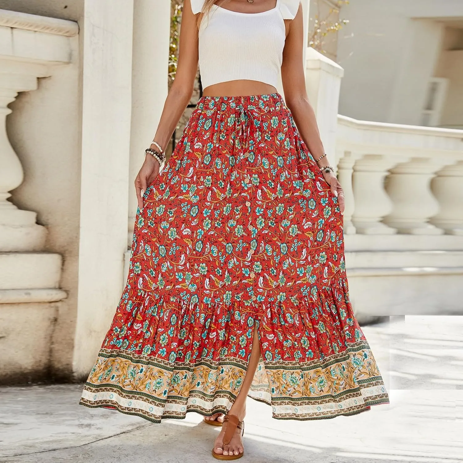 Wrap Skirt, Flowy Maxi Skirts for Women 2025 Trendy Drawstring Tiered Long Boho Skirt Spring Summer Sexy