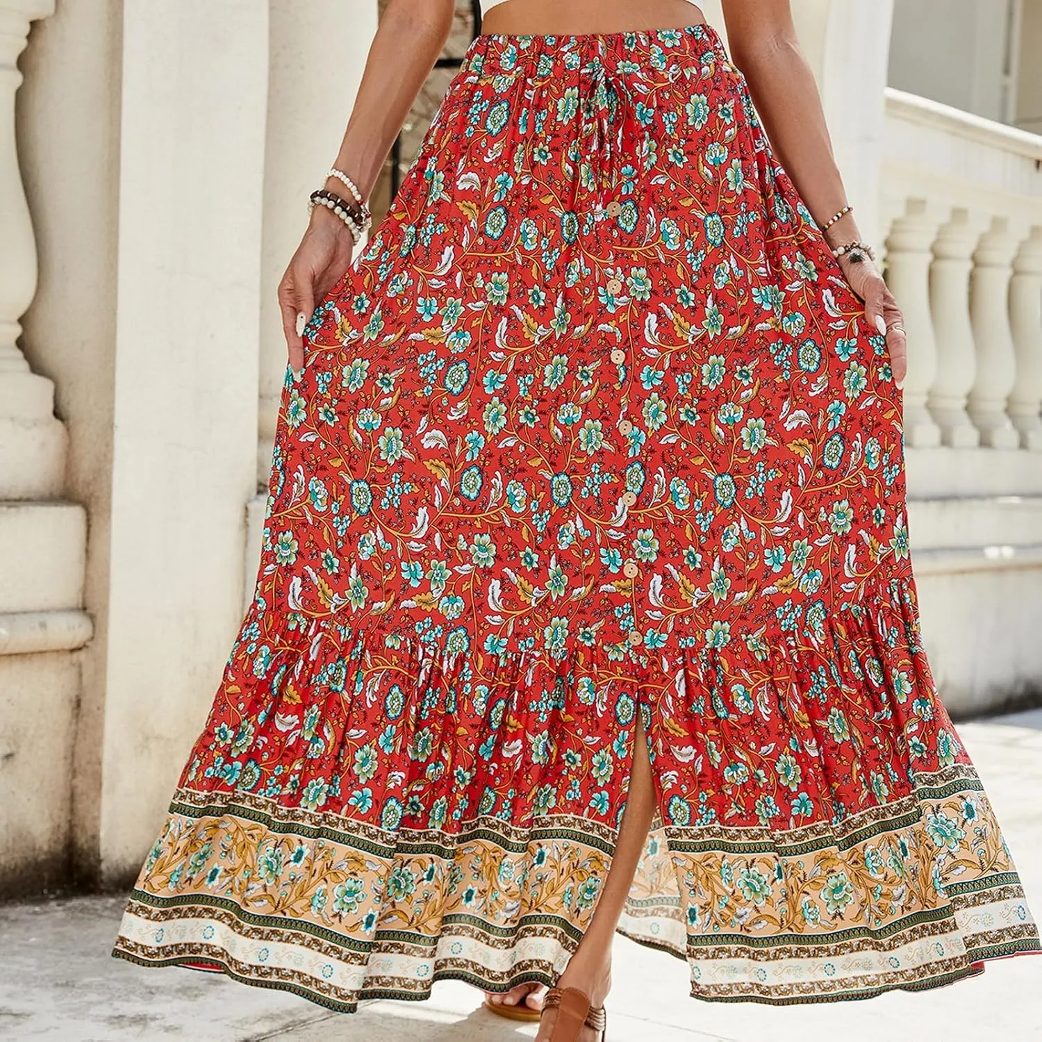Wrap Skirt, Flowy Maxi Skirts for Women 2025 Trendy Drawstring Tiered Long Boho Skirt Spring Summer Sexy