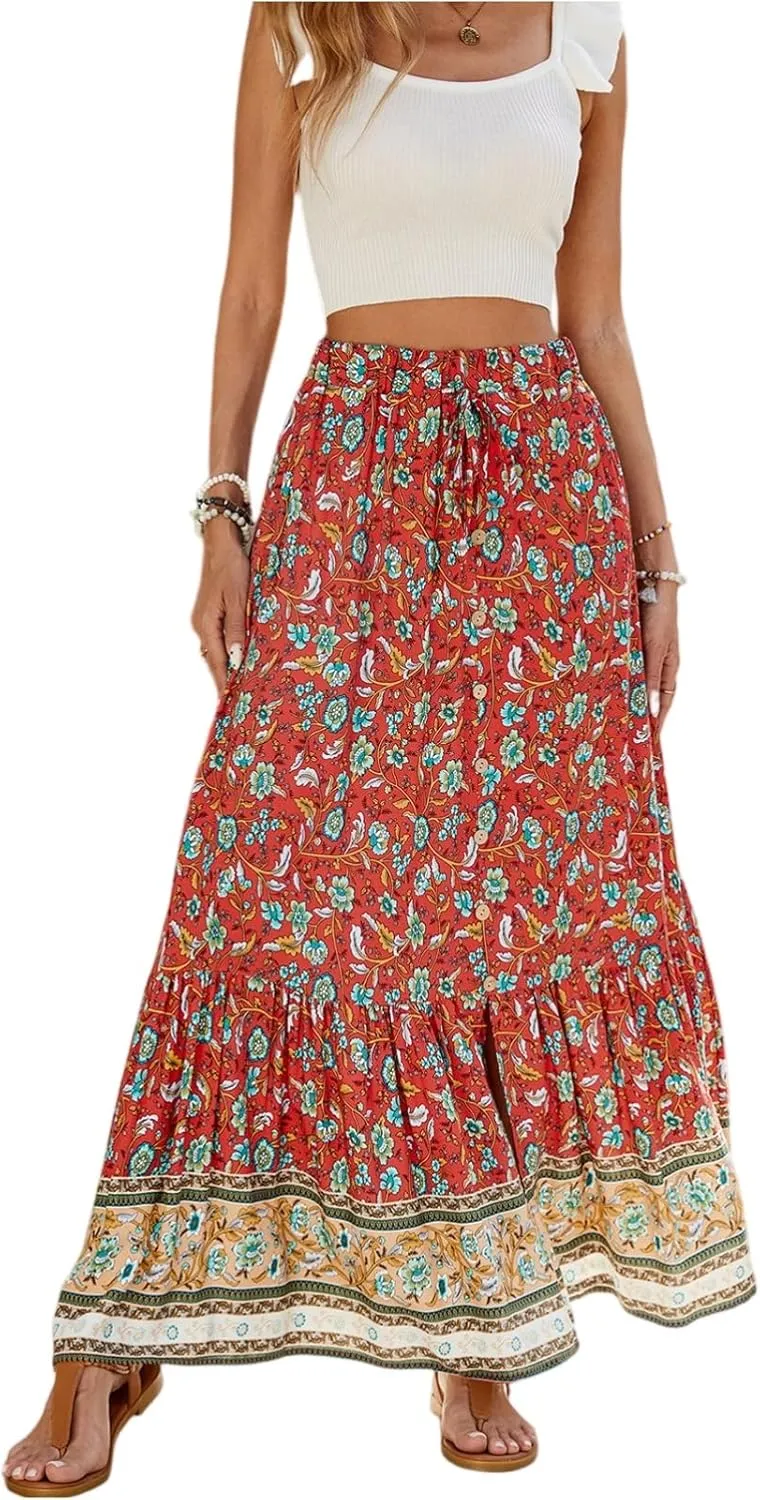 Wrap Skirt, Flowy Maxi Skirts for Women 2025 Trendy Drawstring Tiered Long Boho Skirt Spring Summer Sexy