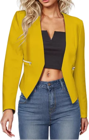 Xiaojmake Womens Work Office Suit Casual Collarless Cropped Blazer Jacket Business Cropped Blazers Long Sleeve Shrug Cardigan