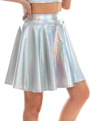 YOLAI Women Glossy Reflective Skirt A Line Pleated Skirt Sexy High Waist Mini Short Skirts