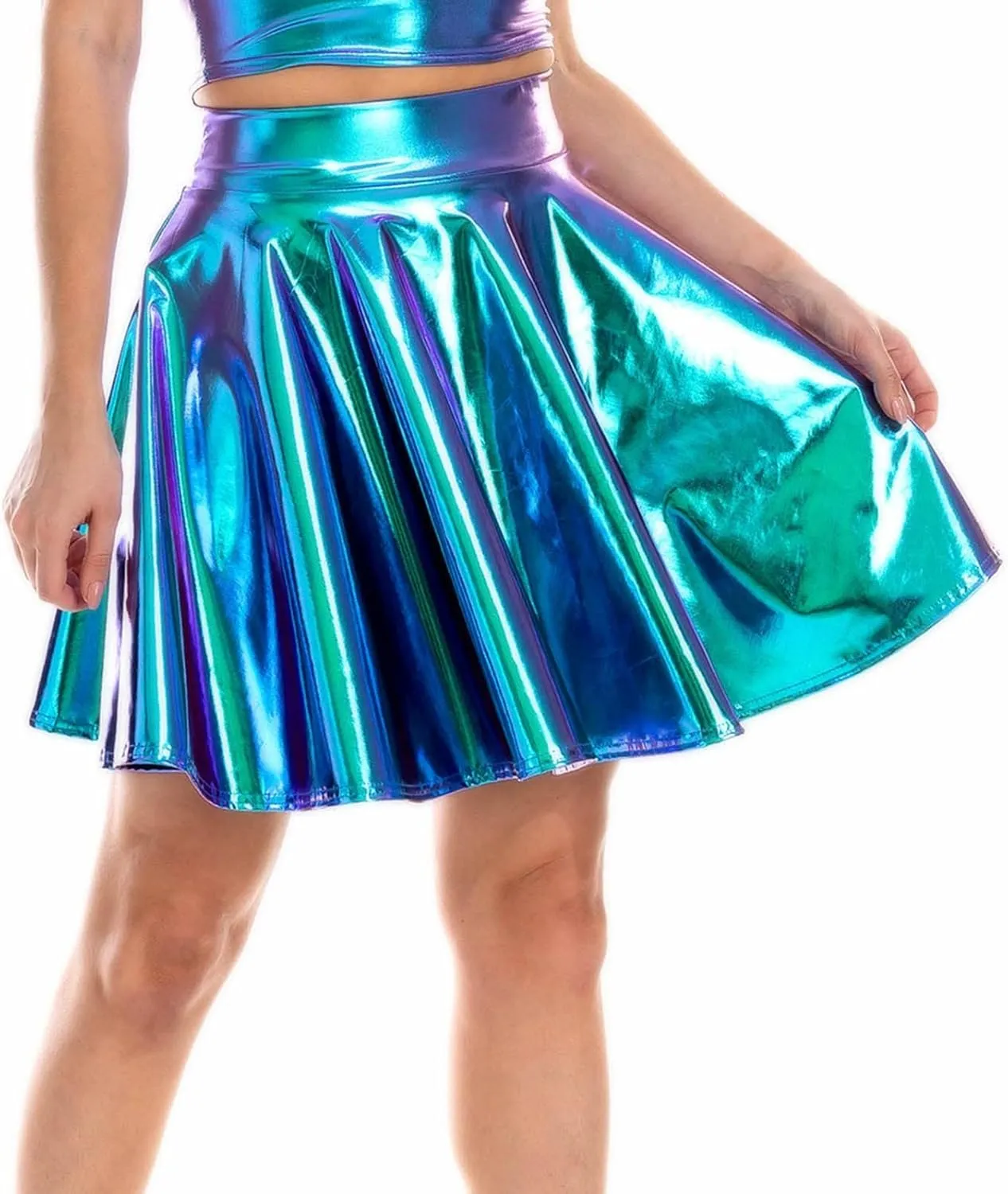 YOLAI Women Glossy Reflective Skirt A Line Pleated Skirt Sexy High Waist Mini Short Skirts