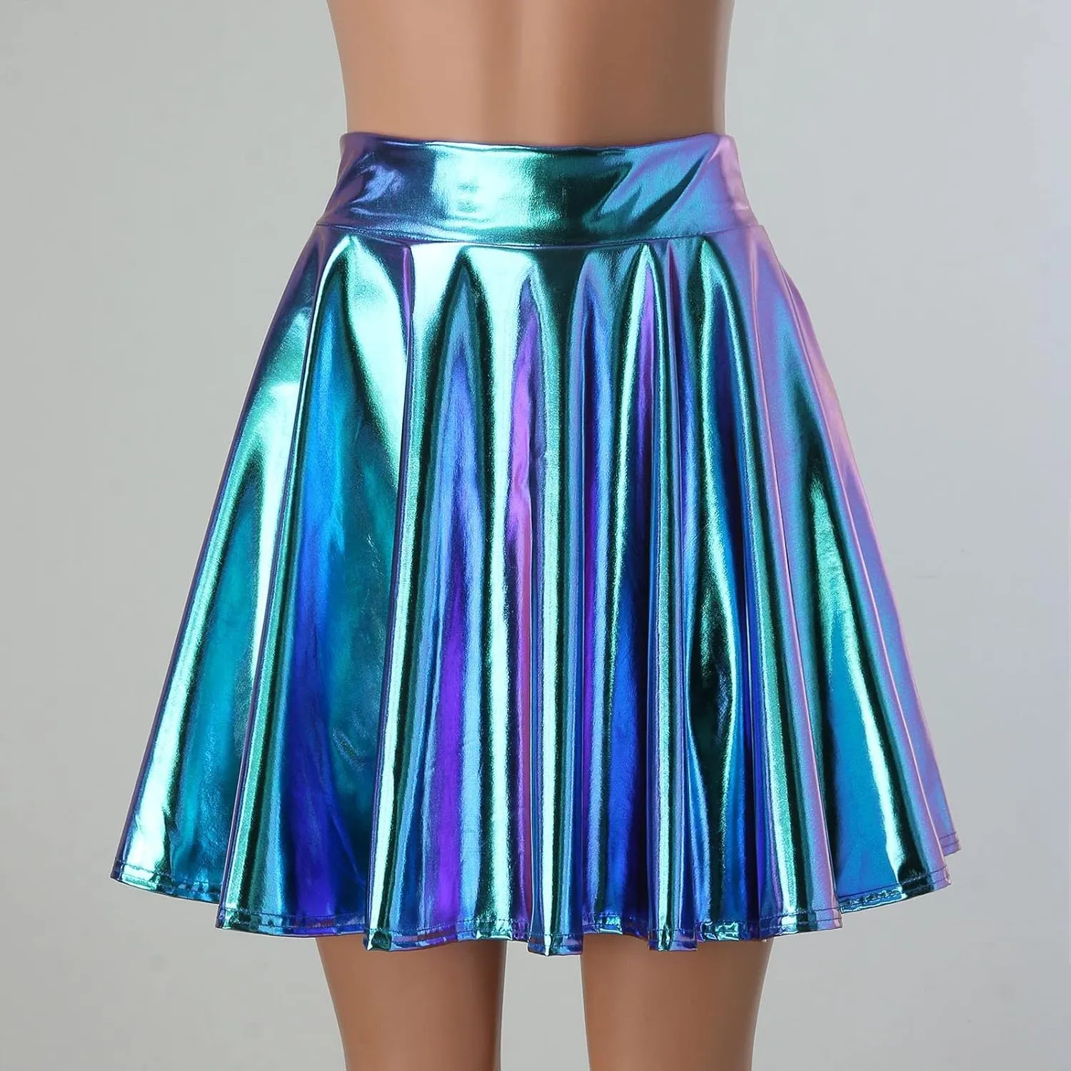 YOLAI Women Glossy Reflective Skirt A Line Pleated Skirt Sexy High Waist Mini Short Skirts