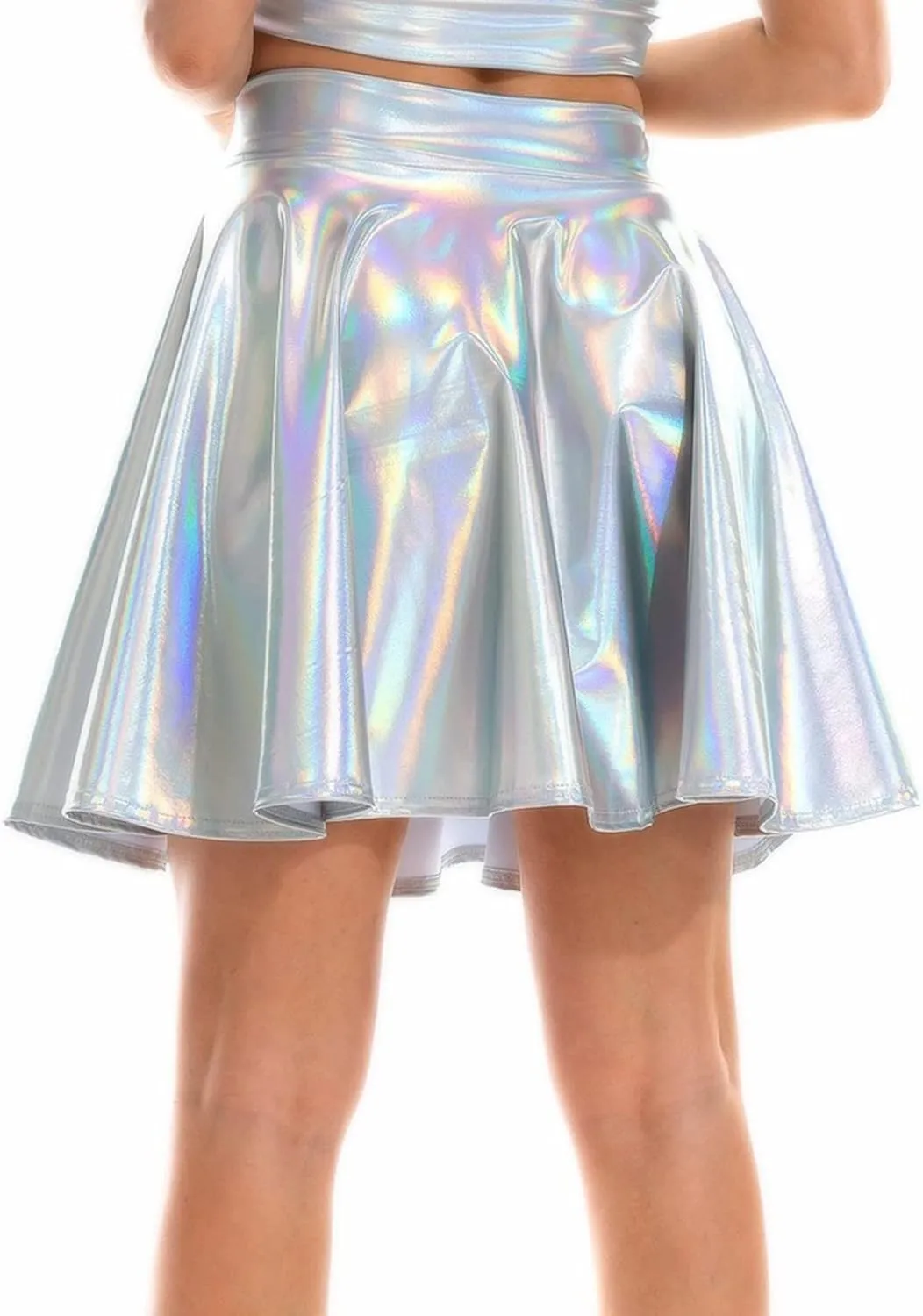 YOLAI Women Glossy Reflective Skirt A Line Pleated Skirt Sexy High Waist Mini Short Skirts