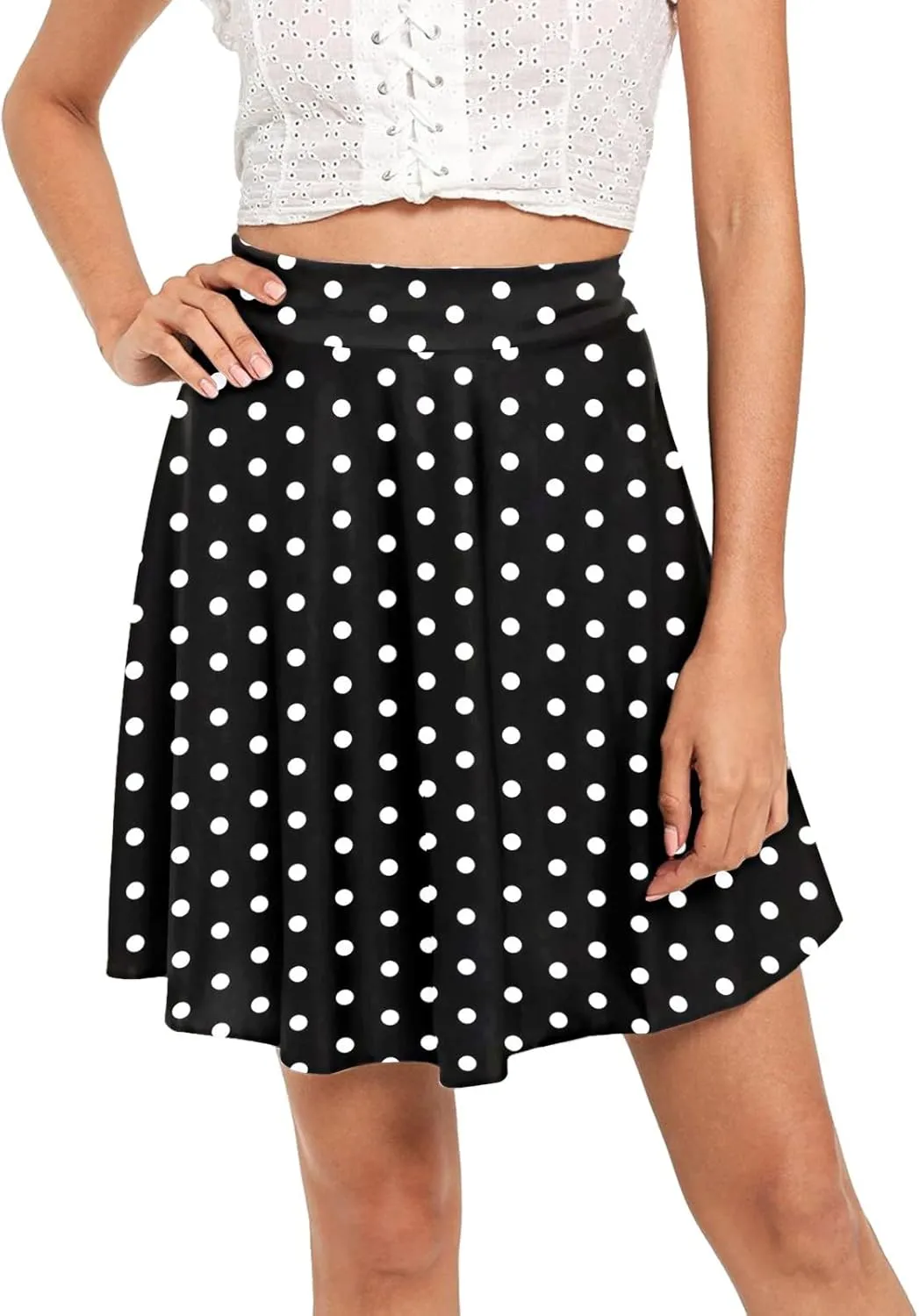 YOLAI Womens Polka Dot Print Skirts High Waist Elegant Casual Mini Skirt Flowy Swing A-Line Skirt
