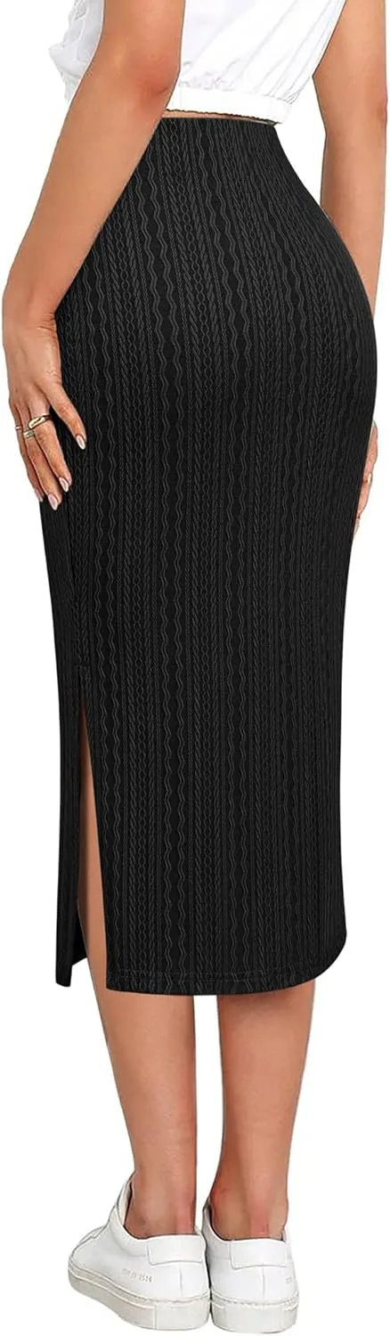 Zeagoo Womens Knit Midi Skirts Casual Pencil Skirt High Waisted Long Skirts with Slit Elegant Work Office Skirts
