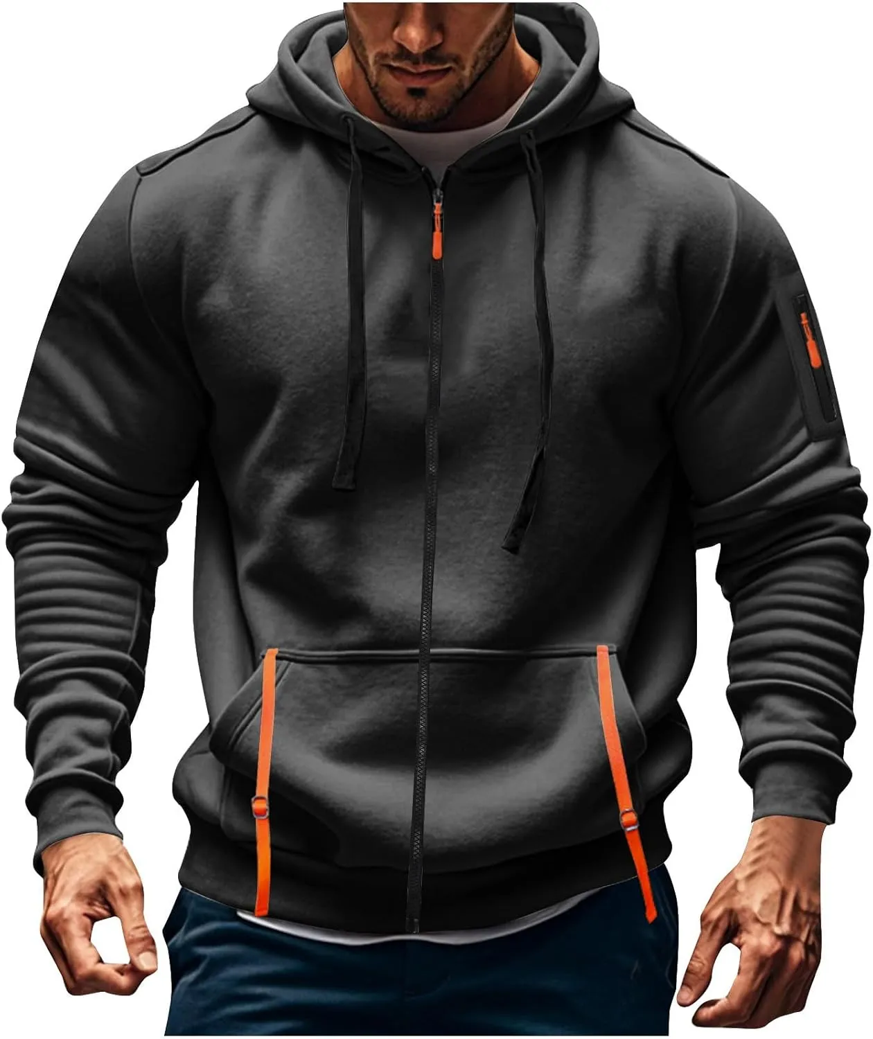 ZEFOTIM Zip Up Hoodies for Men Solid Hoodie Big and Tall Funny Outdoor Long Sleeve Drawstring Hoodies with Pocket
