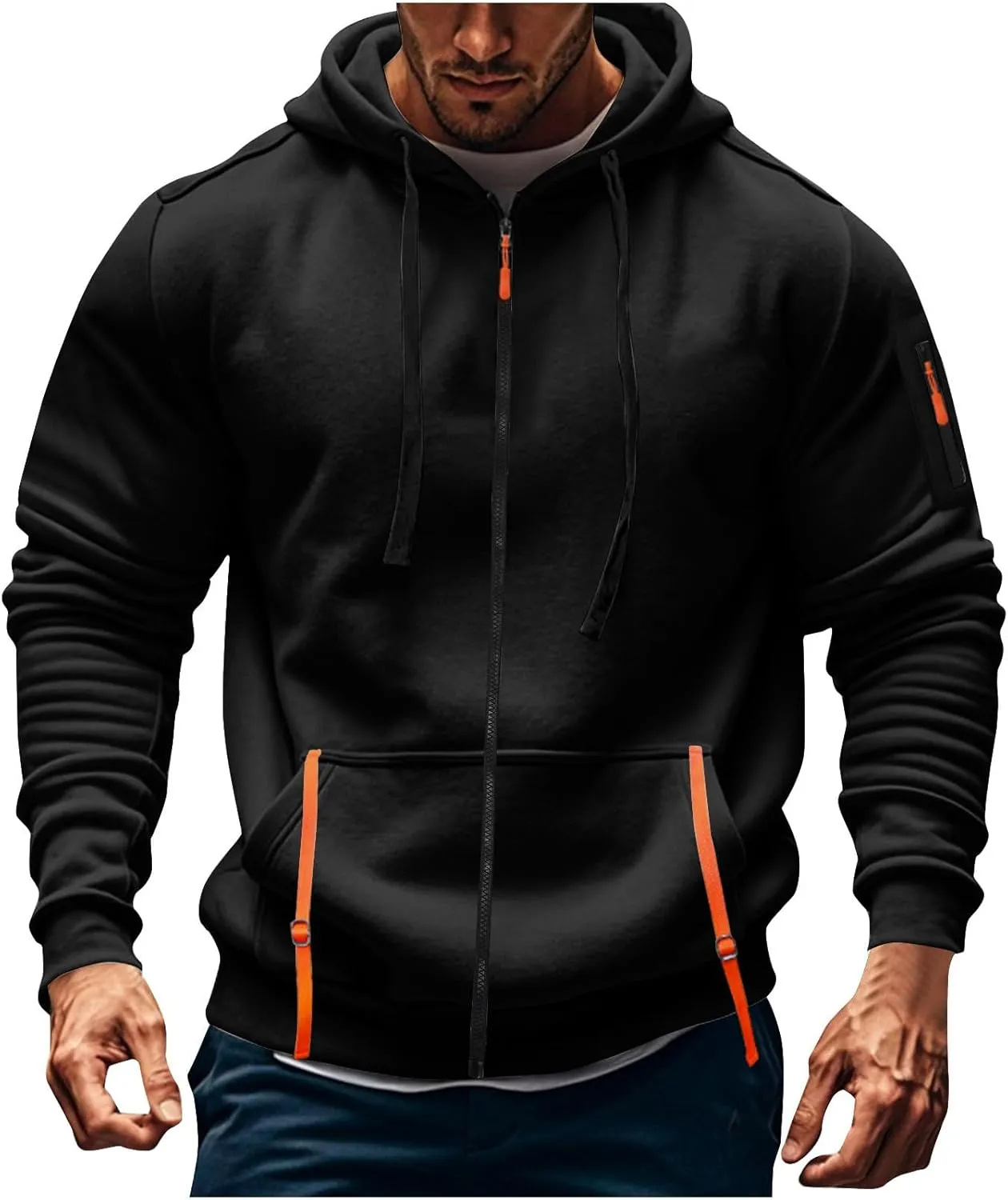 ZEFOTIM Zip Up Hoodies for Men Solid Hoodie Big and Tall Funny Outdoor Long Sleeve Drawstring Hoodies with Pocket